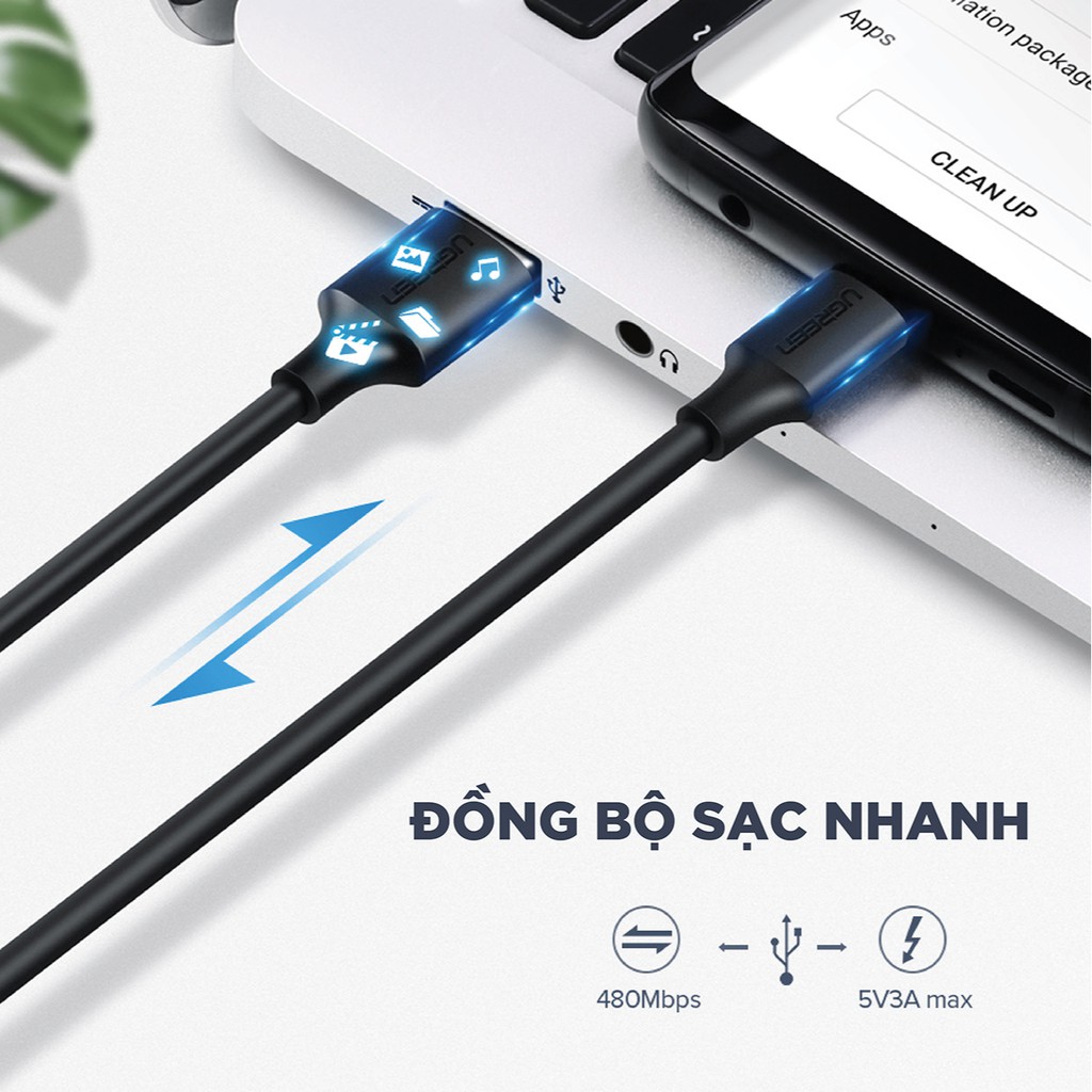 Cáp sạc nhanh UGREEN US287 USB 2.0 sang USB Type-C, điện áp 3A, độ dài từ 0.25m đến 2m - Hàng phân phối chính hãng