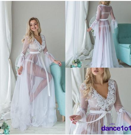 Đầm trắng tay dài cổ chữ v phối ren hoa xuyên thấu thời trang gợi cảm cho nữ