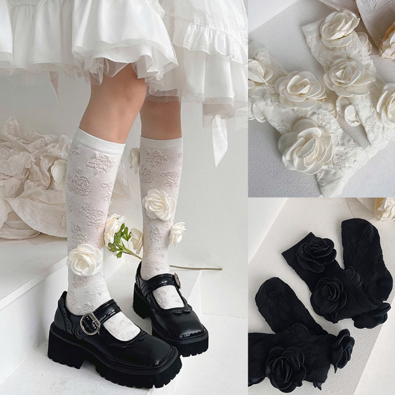 Tất Bắp Chân Cotton In Họa Tiết Hoa 3D Phong Cách Lolita Cho Nữ