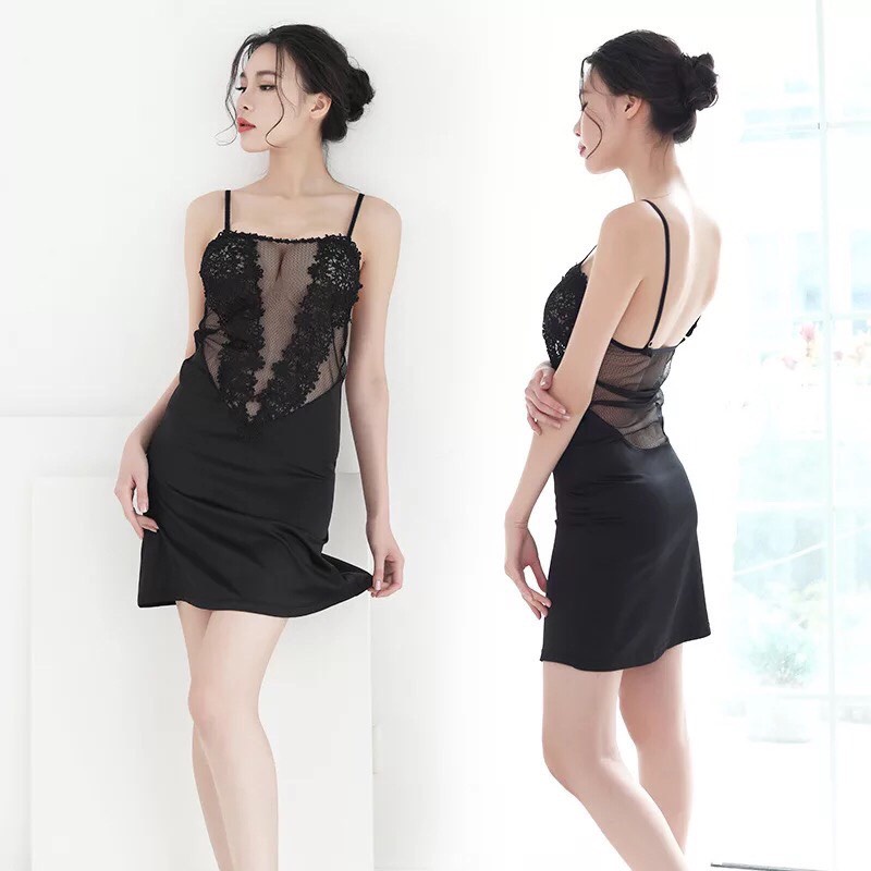 Váy ngủ satin pha lưới cúp ngang phói hoa dọc sexy Minhduongct