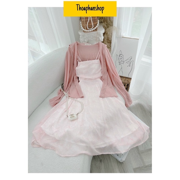 SET ĐẦM MIDI HỒNG HAI DÂY NHÚN LƯNG + SƠ MI [kèm ảnh thật ]