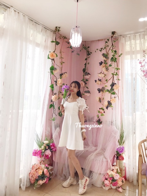 Váy trắng - Đầm trắng cổ vuông tay bồng