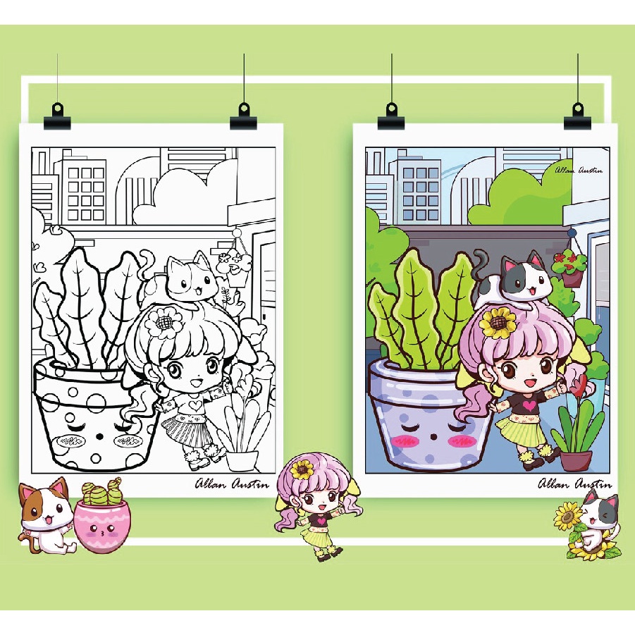 Bộ tranh tô màu nước Chibi girl, Cat and Plants giấy dầy đẹp