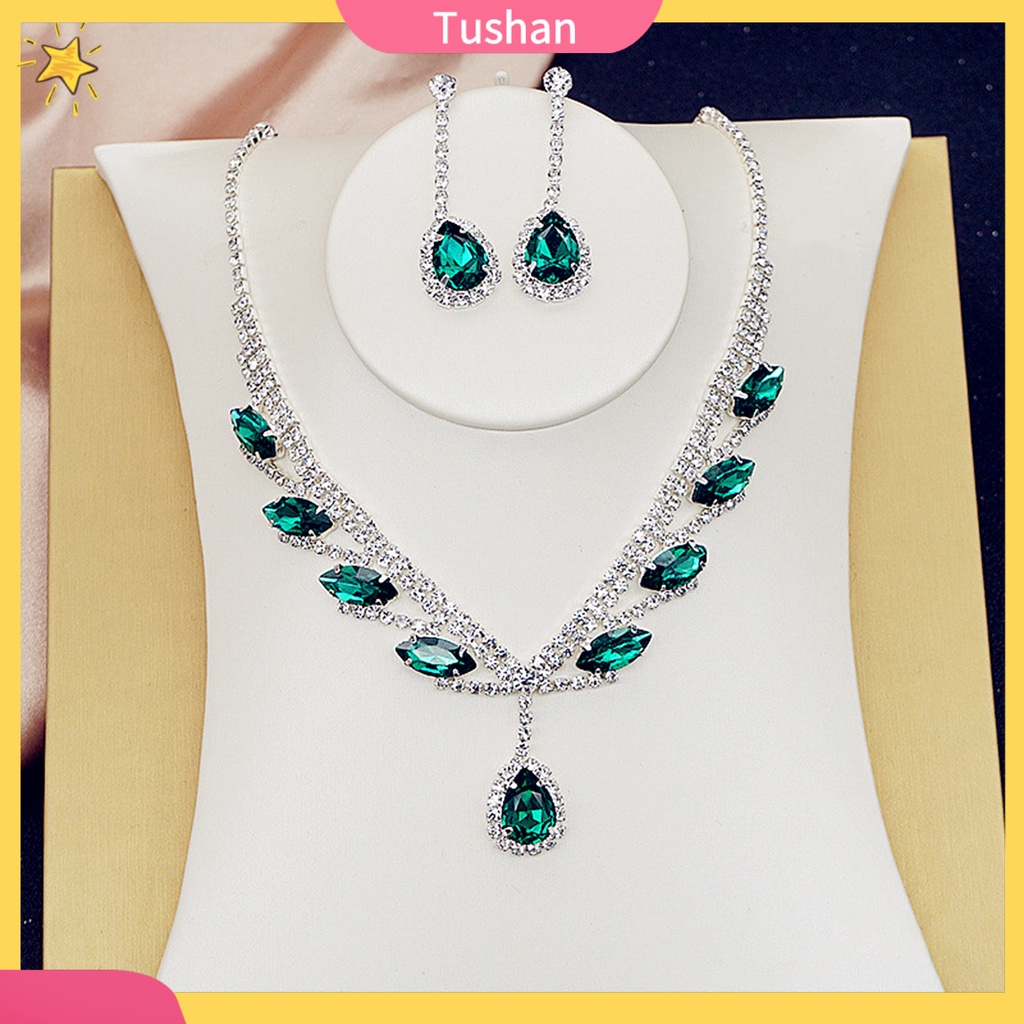 Set dây chuyền và đôi khuyên tai mặt hình giọt nước đính đá nhân tạo lấp lánh thời trang dành cho cô dâu