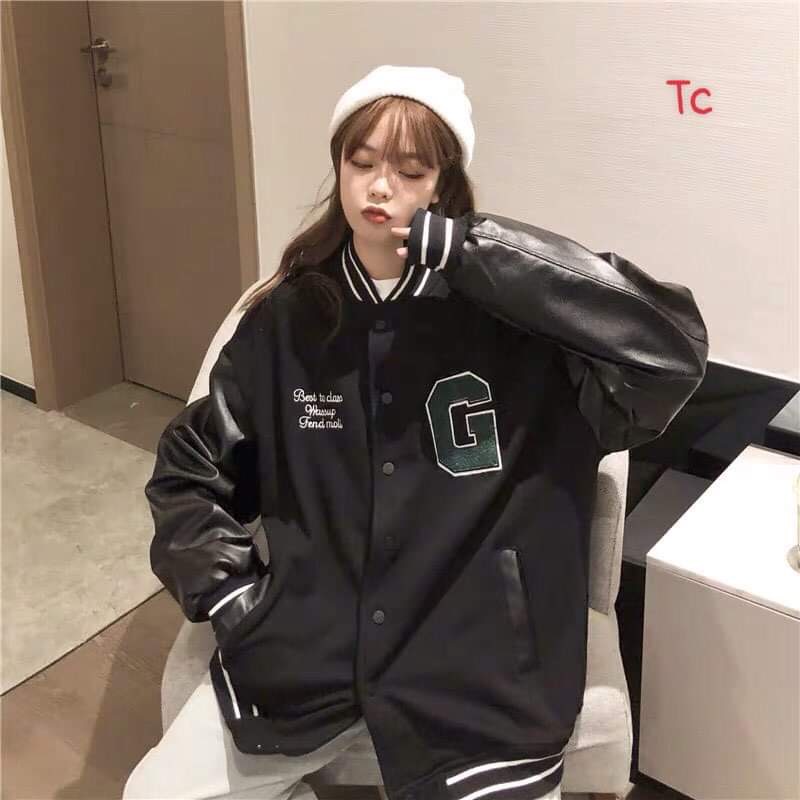 Áo Khoác Bomber nam nữ màu đen thêu chữ G
