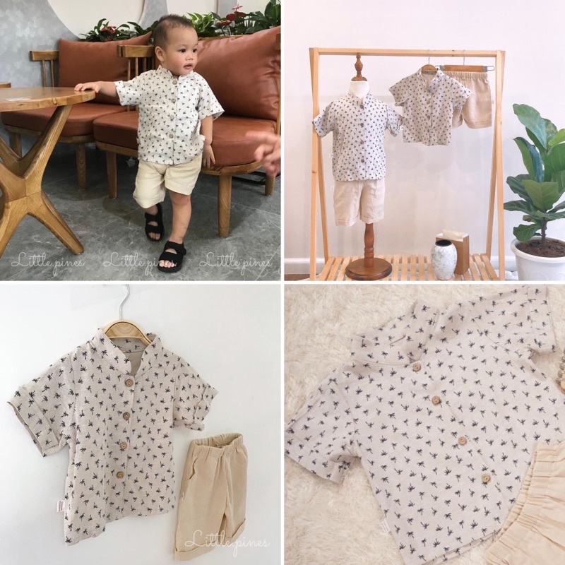 Set bộ Linen bé trai họa tiết cây dừa khỏe khoắn, mềm mát cho bé đi biển, đi chơi, picnic