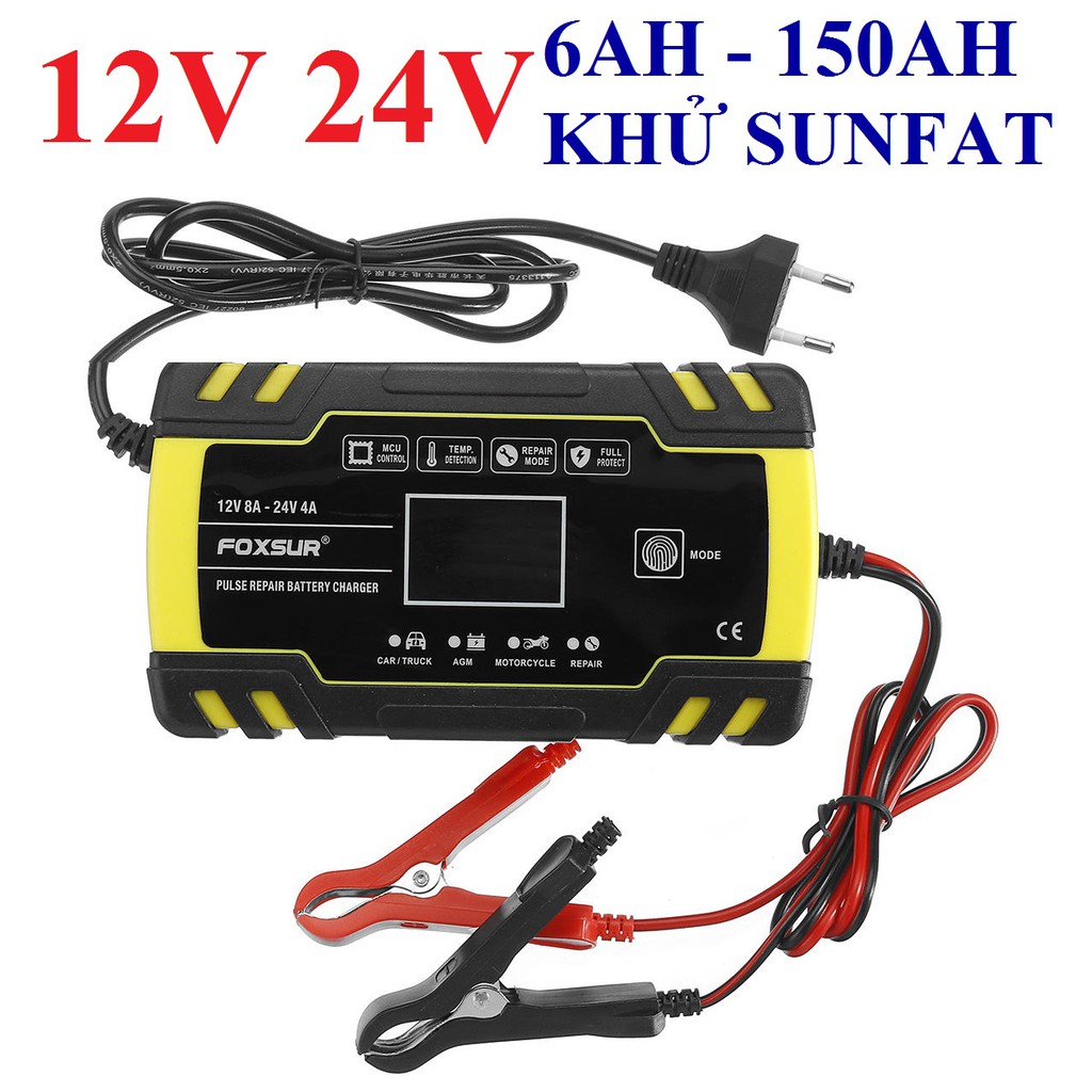 Máy sạc bình ắc quy 12V 24V 6AH-150AH FOXSUR thông minh tự ngắt khi đầy có chức năng khử SUNFAT phục hồi ắc quy ô tô