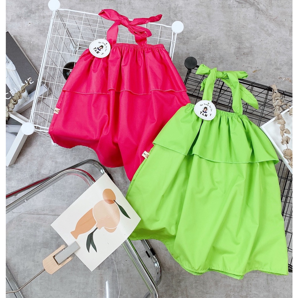 Váy bé gái hai tầng cổ yếm, Đầm maxi dáng xòe chất thô mềm cực xinh cho bé từ 7 đến 18 kg, SUN KID'S
