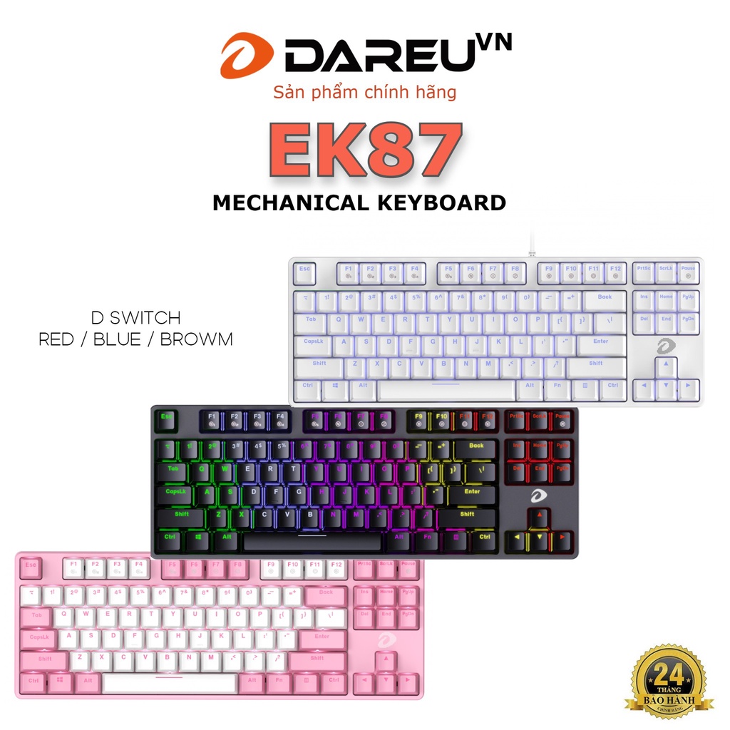 Bàn phím cơ Gaming DAREU EK87 PINK-WHITE (PINK-LED, Blue/ Brown/ Red D switch)