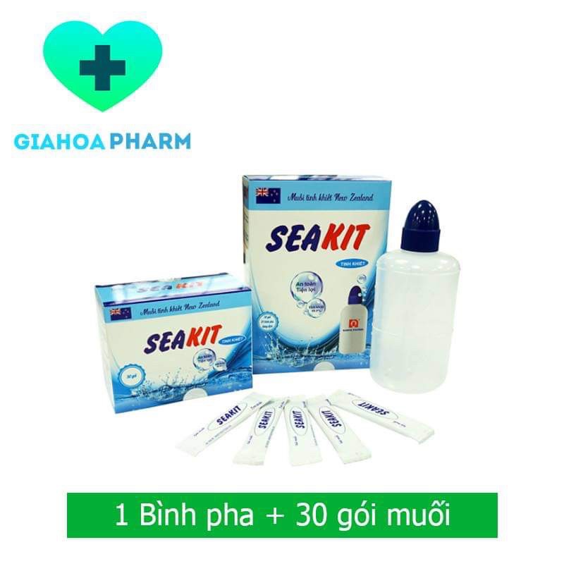 Bộ 1 bình pha rửa mũi + 30 gói muối Seakit (Muối tinh khiết New Zealand) an toàn trẻ sơ sinh, phụ nữ có thai, cho con bú