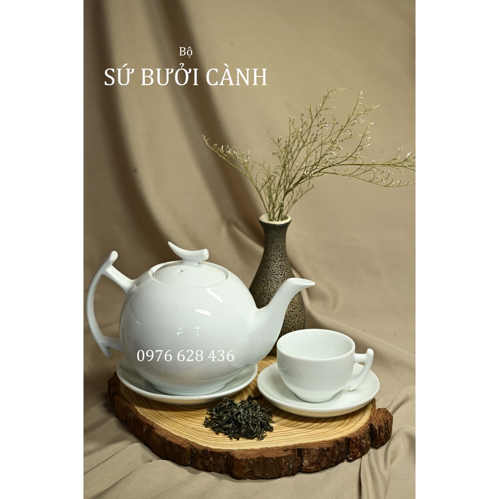 Bộ ấm trà  Bát Tràng 🍀 𝐅𝐑𝐄𝐄𝐒𝐇𝐈𝐏  🍀 SỨ BƯỞI CÀNH  màu trắng trang nhã, sang trọng phòng khách | BigBuy360 - bigbuy360.vn