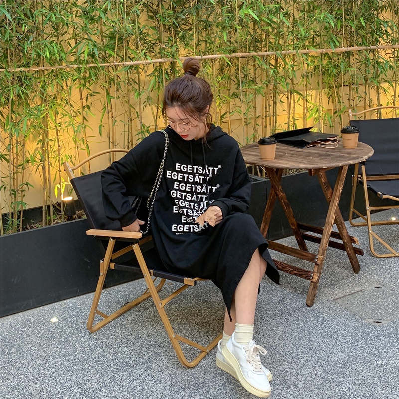 Đầm Nữ Dài Tay Có Nón In Chữ Thời Trang Hàn Quốc