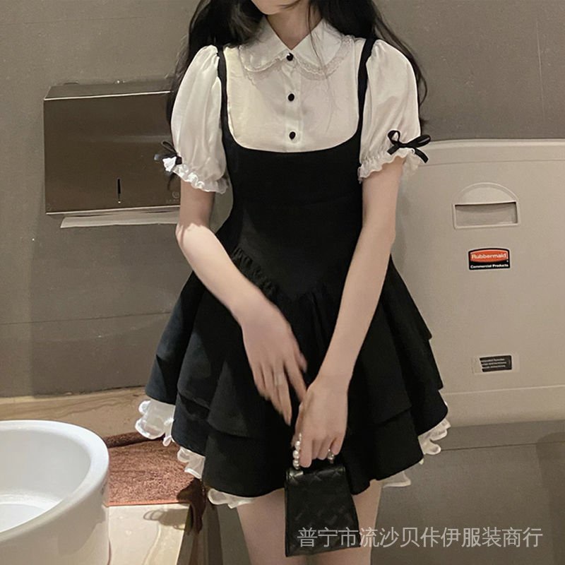 Đồng Phục JK Giả Hai Mảnh Màu Trắng Đen Phong Cách Harajuku Mùa Hè Dành Cho Nữ Plus size XL L