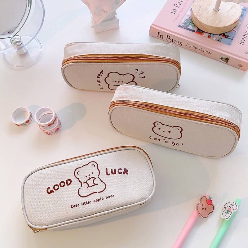 Túi Đựng Bút Bằng Vải Canvas Sức Chứa Lớn In Họa Tiết Gấu Kawaii Đơn Giản