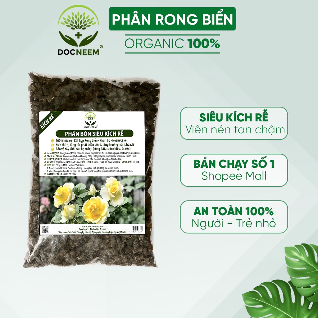 Phân bón hữu cơ rong biển DOCNEEM túi 1kg, kết hợp neem cake kích rễ mầm lá, cho Hoa hồng, phong lan, cây cảnh, rau sạch