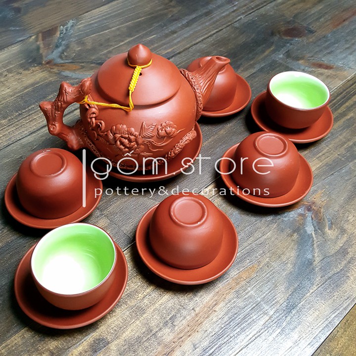 Ấm trà tử sa Bát Tràng đắp nổi hoa phù dung (Bộ trên không kèm khay ấm chén) | BigBuy360 - bigbuy360.vn