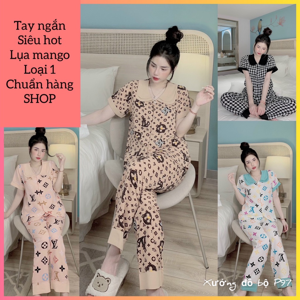 pijama tay ngắn cổ 2 lá thiết kế siêu xinh chất liệu lụa cao cấp mềm mịn mát, pizama nữ tay ngắn tận xưởng đồ bộ p97