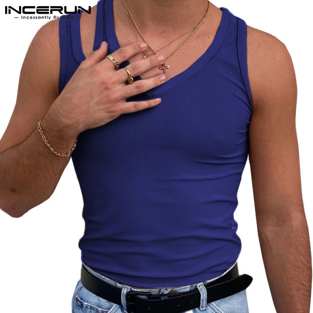 Áo tank top INCERUN không tay cổ tròn phối lỗ phong cách bất đối xứng thời trang dành cho nam