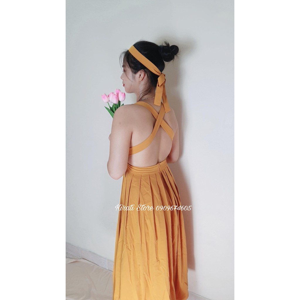 (CÓ ẢNH THẬT SHOP TỰ CHỤP) Đầm Maxi Vàng Đi Biển Xếp Ly Chéo Lưng Siêu Hot Kèm Turban