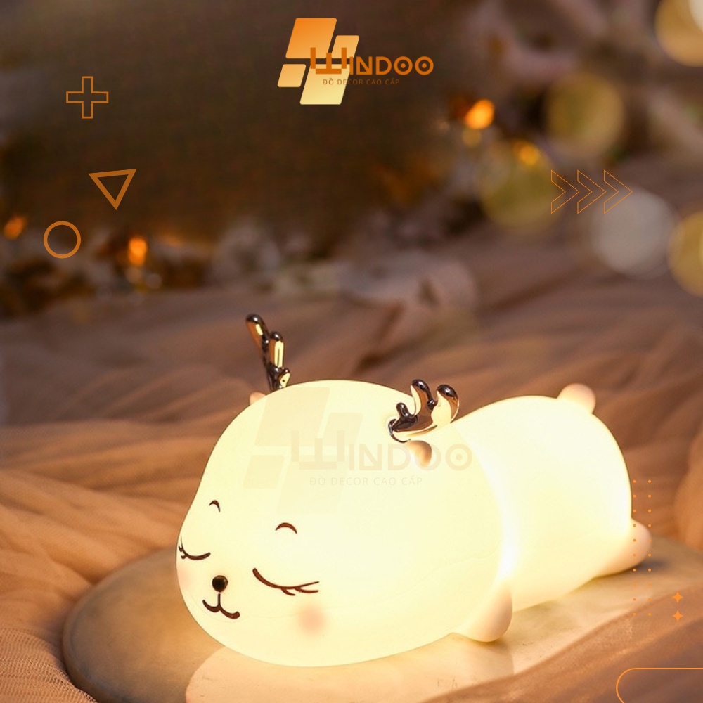 Đèn ngủ silicon chú nai đổi màu dễ thương cho bé, đèn ngủ windoo để bàn cảm ứng thông minh