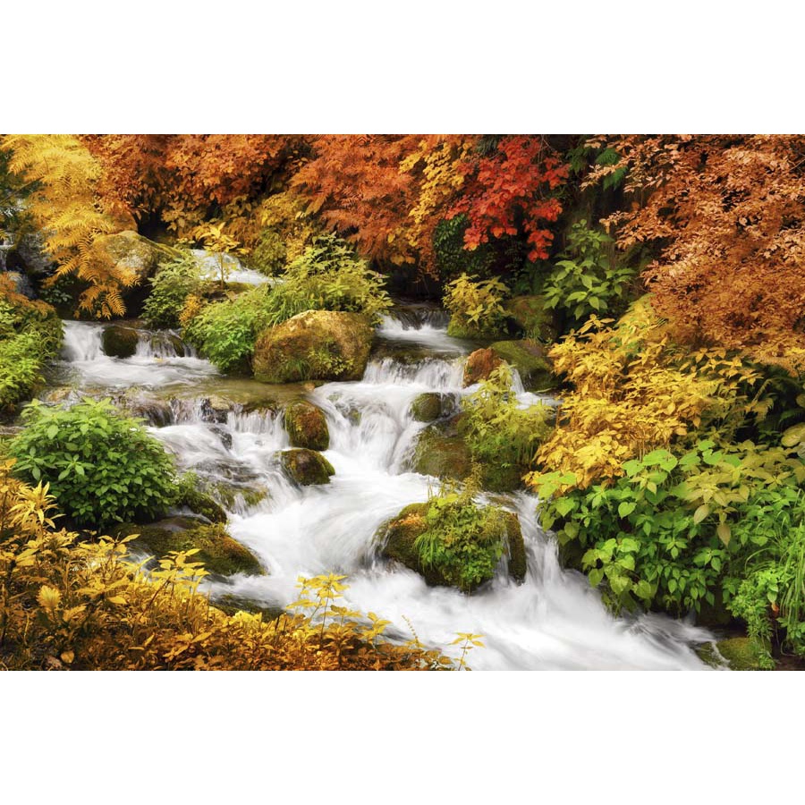 Tranh 3d thác nước chảy trong lành với thảm cỏ, rừng núi xanh ngắt, mây trắng bồng bềnh