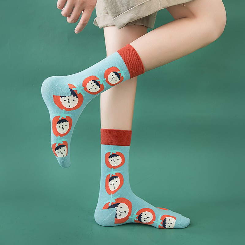 Tất, Vớ Cotton Cao Cổ Half Calf In Hình Vui Nhộn Màu Mè