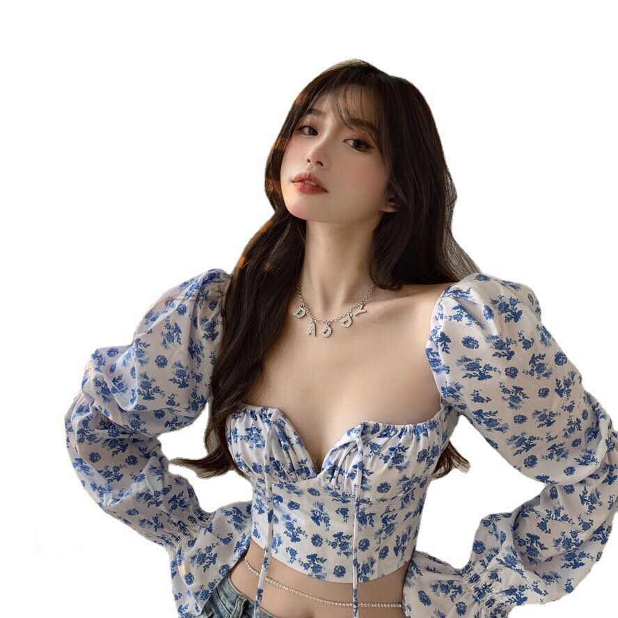 ÁO CROPTOP TAY PHỒNG DÀI CỔ VUÔNG IN HỌA TIẾT HOA - ÁO KIỂU TAY DÀI PHỐI DÂY CỘT HOA ĐEN TRẮNG