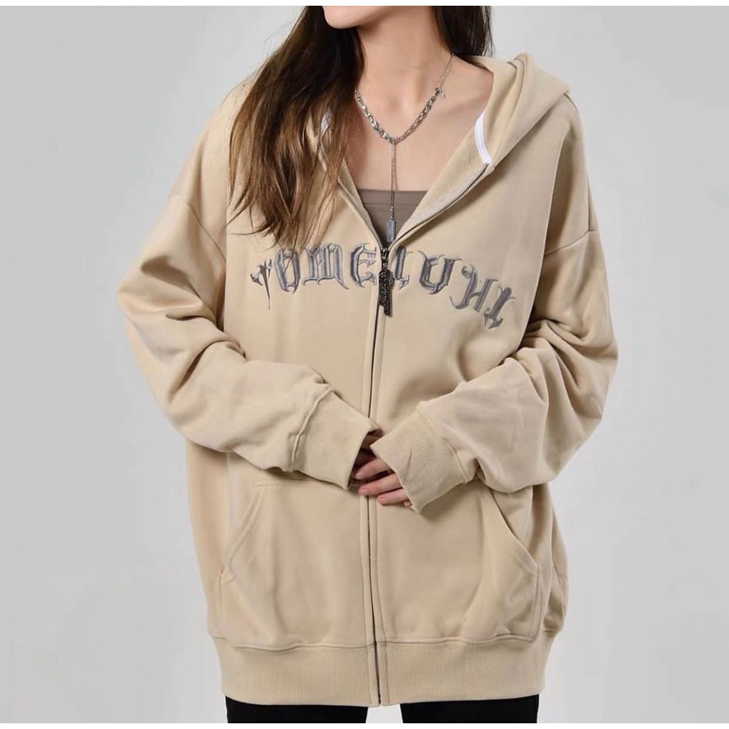 Áo khoác hoodie zip nỉ bông UNISEX nam nữ form rộng dày dặn có mũ có dây khóa kéo đen nâu ghi be