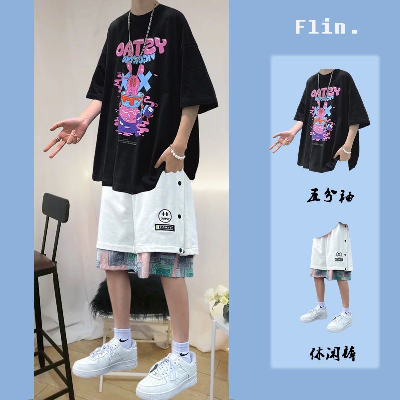Bộ Đồ Thể Thao Áo Thun Tay Ngắn Dáng Rộng Phối Quần Short Kiểu Hồng Kông Thời Trang Mùa Hè Cho Nam