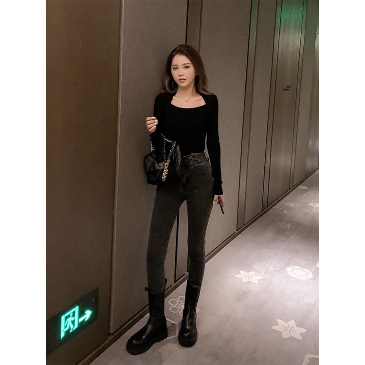 SUXI Áo Len Dệt Kim Tay Dài Cổ Vuông Thời Trang Hàn Quốc Phong Cách Mới Dáng Ôm Sang Trọng Dành Cho Bạn Nữ