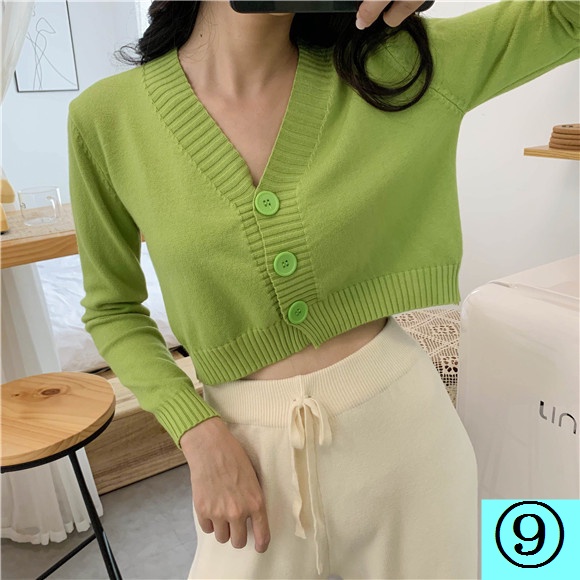 Áo Khoác Cardigan Dệt Kim Tay Dài Cổ Chữ v Lưng Cao Màu Xanh Bơ Thời Trang Cho Nữ