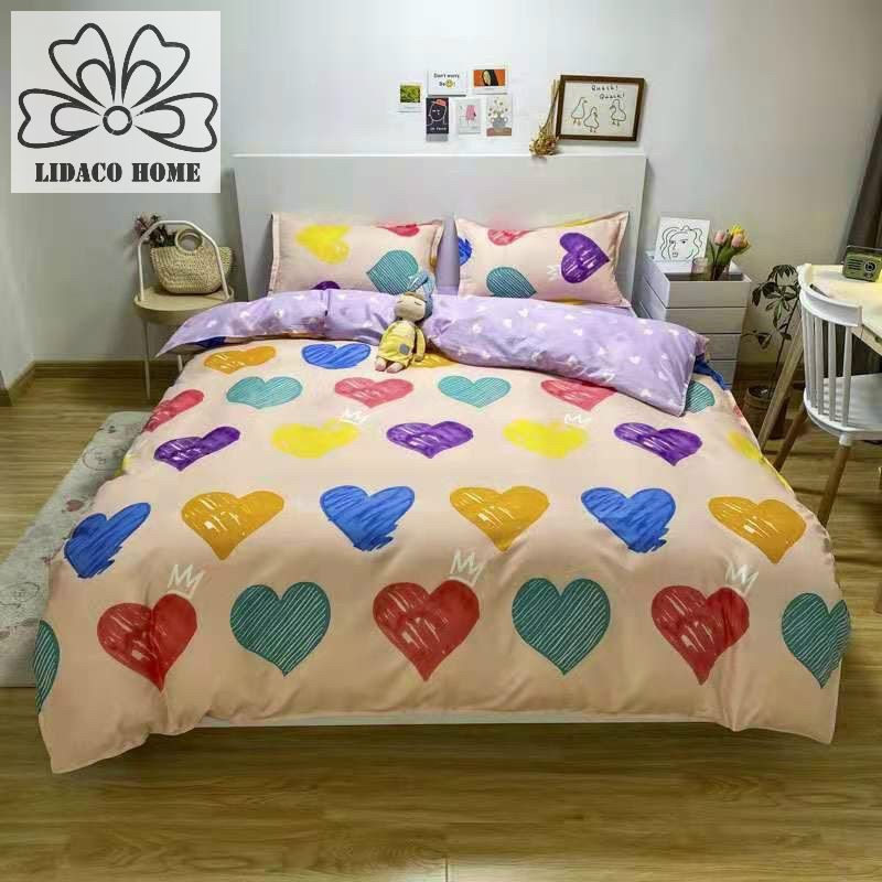 Bộ chăn ga gối cotton poly Lidaco decor phòng ngủ vintage - Tim Sắc Màu (SP001369)
