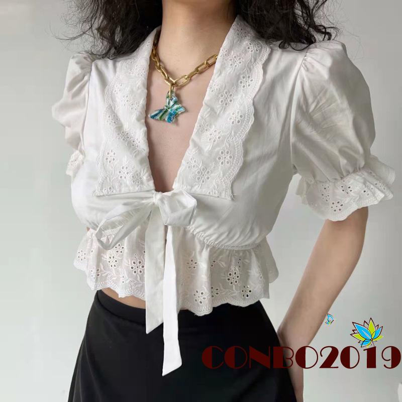 Áo Croptop Tay Phồng Cổ Chữ V Màu Trơn Thời Trang Mùa Hè Cho Nữ