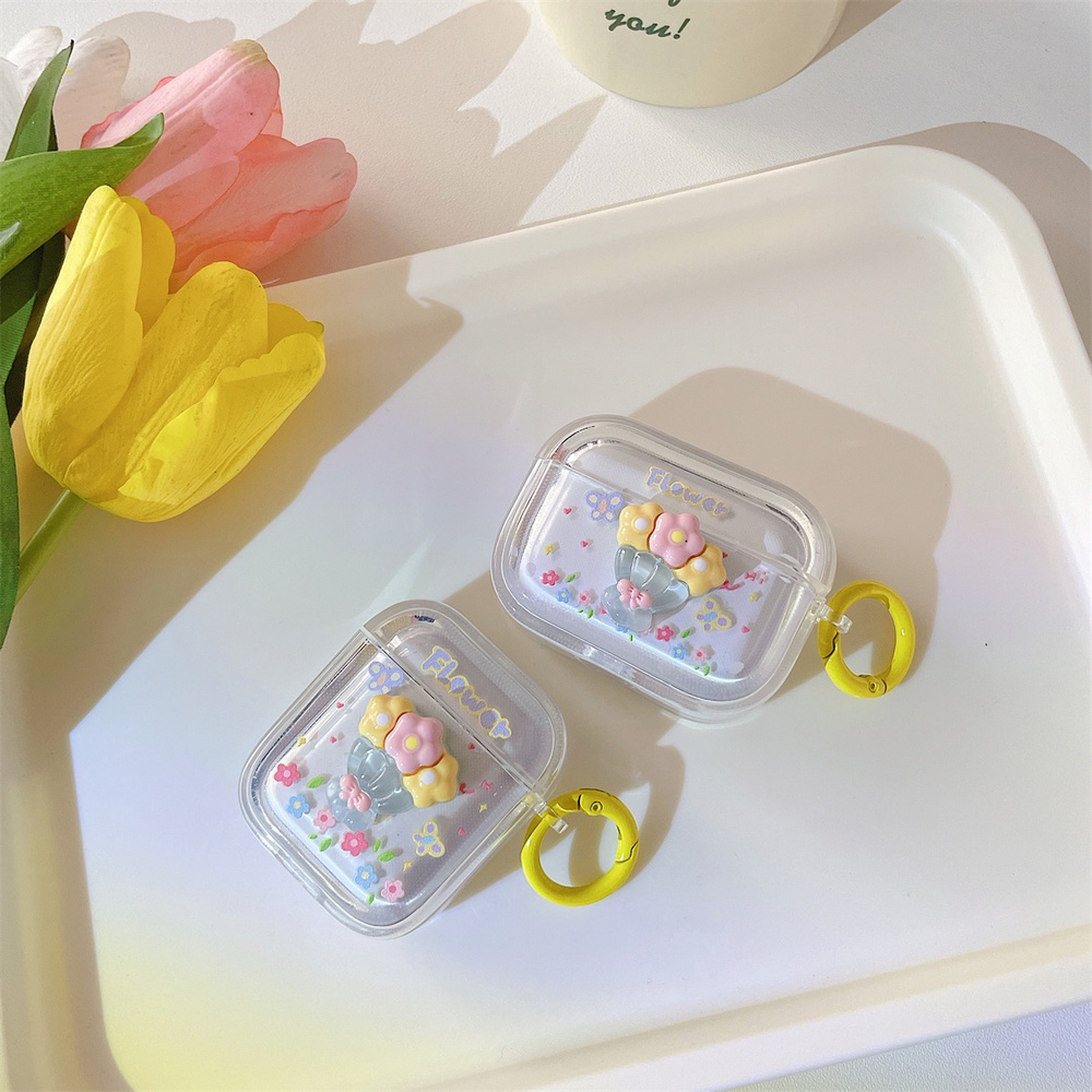 Vỏ Bảo Vệ Hộp Sạc Tai nghe không dây Airpods 1 / 2 / 3 / Pro 2 Hình Hoa 3D Trong Suốt Phong Cách Hàn Quốc Kèm Móc Khóa