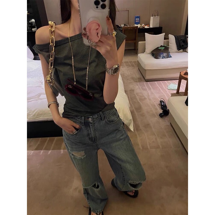 Áo Thun Trễ Vai Dáng Ôm Phong Cách Mới Mùa Hè Thu Cho Nữ