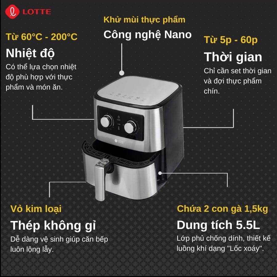 [Giảm 70K ship +Sách CT món ăn][Giao hoả tốc] Nồi chiên không dầu Lotte 5,5 lít model LTS - AF5SM NHẬP KHẨU NGUYÊN CHIẾC