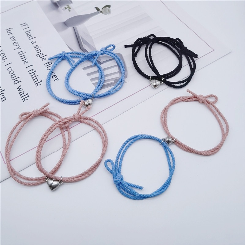 Set 2 Vòng Tay Tình Bạn Bện Dây Mặt Trái Tim Nam Châm