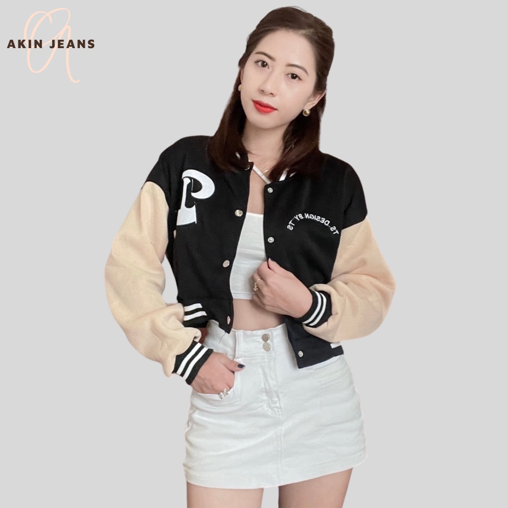 Áo Khoác Bomber Dáng Lửng, Akin Jeans, Áo Bomber Croptop Thêu Chữ Phối Tay Trắng Rộng Kiểu Hàn Quốc, APNN