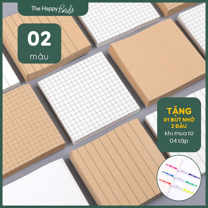 Giấy note vintage tập 80 tờ giấy nhớ kraft basic 2 màu be và trắng kẻ ngang, caro, trơn