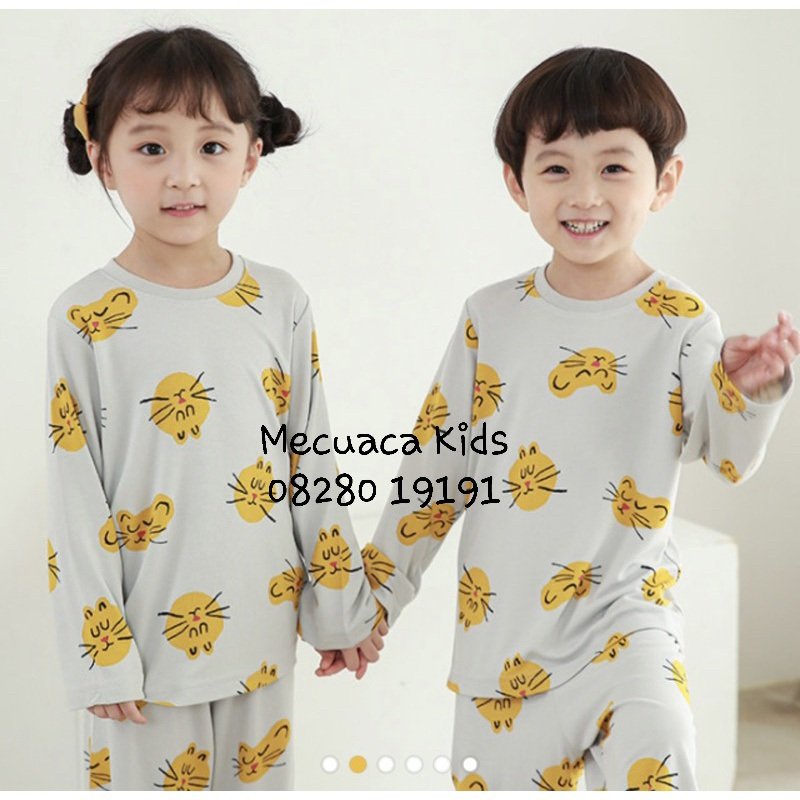 [150] Bộ ngủ mặc nhà dài tay thu đông cho bé gái bé trai màu be vải MODAL  mèo vàng xuất Hàn dư xịn COGIBIB