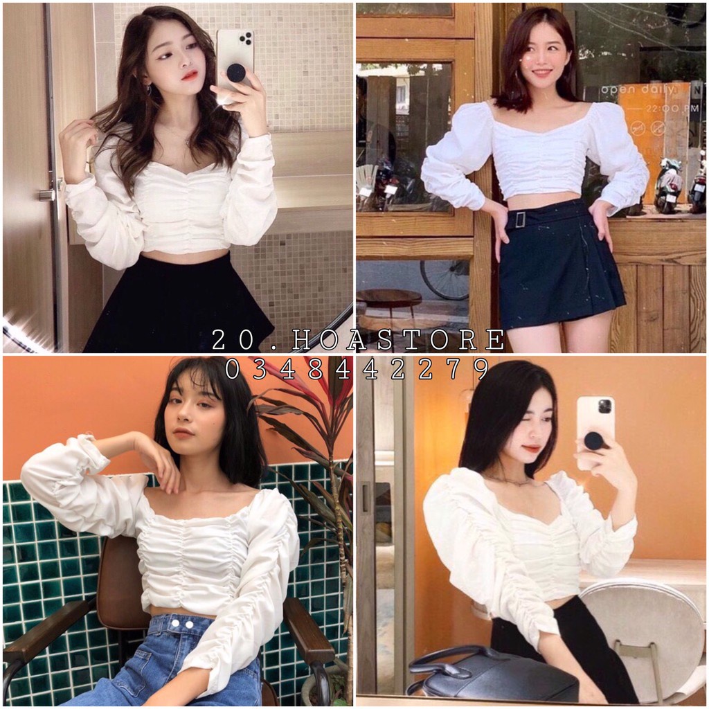 ÁO TRẮNG DÀI TAY DÚM BÈO THÂN CHUN LƯNG - ÁO BÁNH BÈO MẶC 2 KIỂU TRỄ VAI CỔ VUÔNG DÚM LƯNG