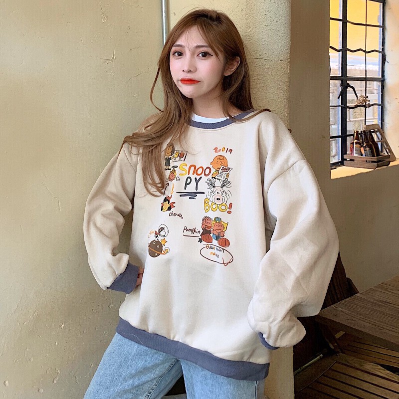 Áo Sweater Nữ Form Rộng Unisex Nỉ Bông Mặc Nhà Đi Chơi Màu Be Thời Trang Ulzzang Hàn Quốc ATD02 | BigBuy360 - bigbuy360.vn