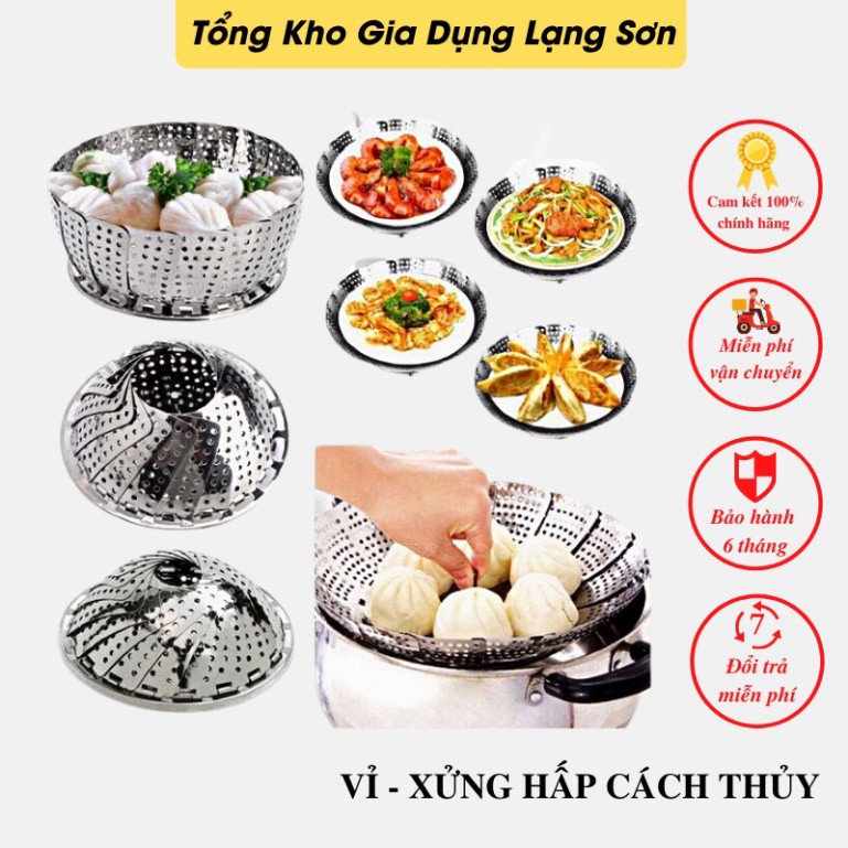 Vỉ hấp cách thủy inox 304 - Xửng hấp gấp gọn đa năng tiện lợi dùng đồ xôi - Vỉ hấp xòe có 3 chân gấp gọn inox không gỉ -