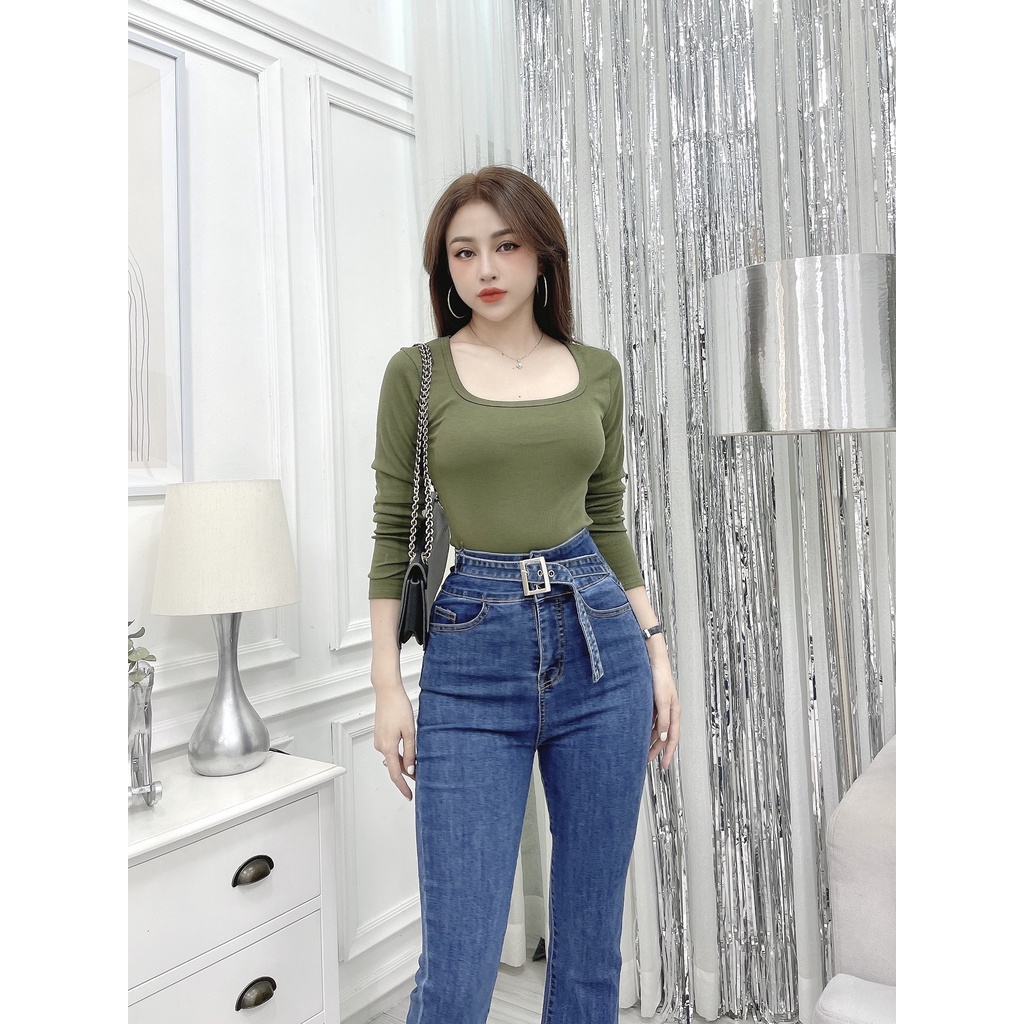 Áo thun nữ cổ vuông tay dài CRAZYTEEN chất len xuất khẩu AT0209 | BigBuy360 - bigbuy360.vn