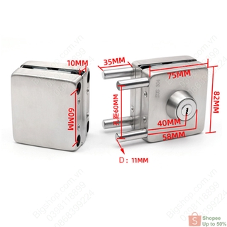Khóa cho cửa kính cường lực không khung bằng inox 304, loại 2 chốt, khóa cả trong và ngoài
