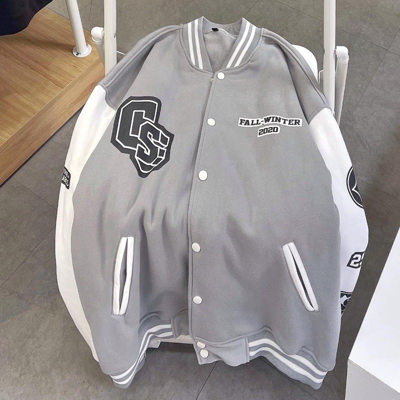 Áo Khoác Bomber Nỉ Chữ CS Form Rộng Unisex Chất Nỉ Ngoại Ulzzang Nam Nữ Dáng Rộng Form To Màu Tàn Phối Trắng