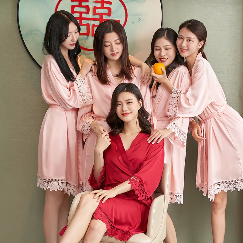 4 kiểu Áo choàng ngủ PHỐI REN CAO CẤP makeup CÔ DÂU Thêu chữ BRIDE lụa latin mềm mịn sang trọng Cherie Sleepwea