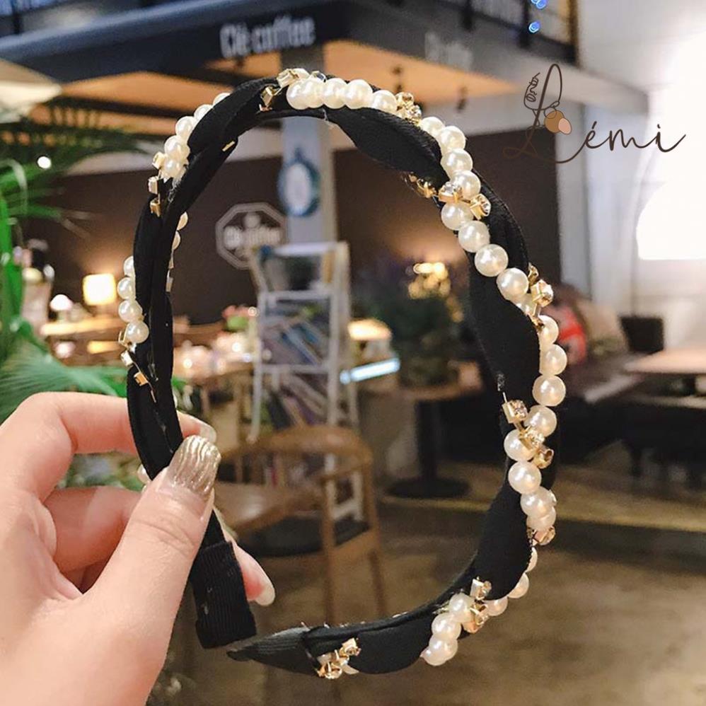 Băng đô Bờm Cài tóc đính đá và ngọc trai nhân tạo nhiều màu phong cách thời trang Hàn Quốc cho nữ, June accessories
