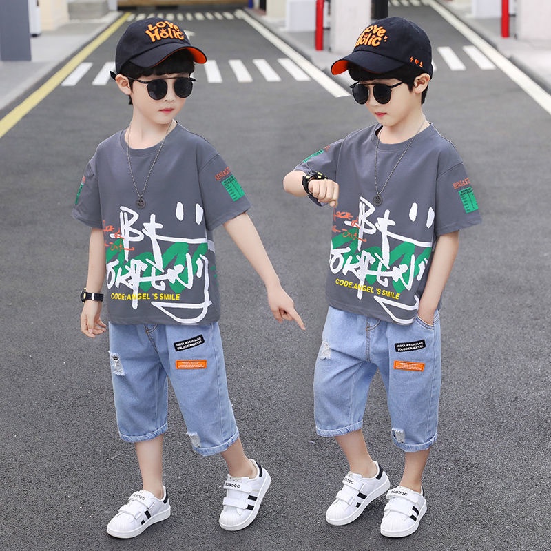Bộ Áo Thun Tay Ngắn In Chữ Angugu 2023 + Quần Short Denim Hàn Quốc Thời Trang Mùa Hè Cho Bé Trai 3-13 Tuổi