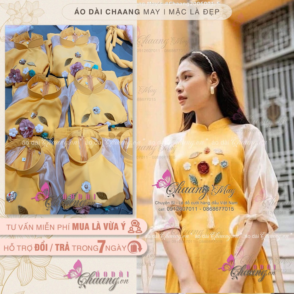Áo dài đẹp cách điệu_Chaang_May sẵn áo dài lụa, thiết kế tay von tơ da ngực đính hoa